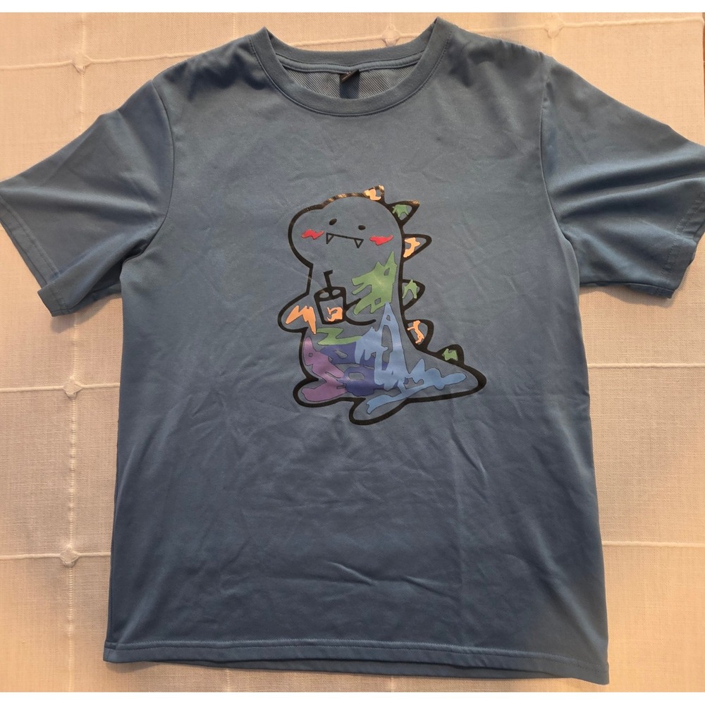 SHEIN Mens XS Blue Dinosaur Boba Tea Graphic T-Shirt Short Sleeve Crew Neck